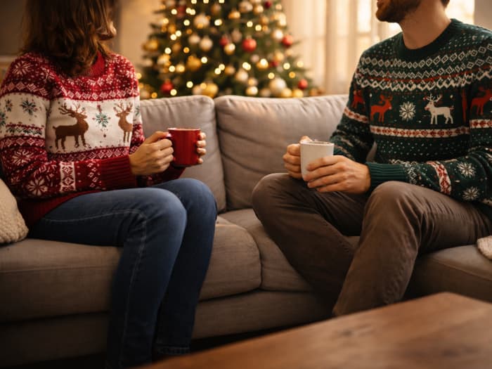 Zwei Personen sitzen auf einem Sofa in Weihnachtspullovern mit Rentieren, halten Tassen in den Händen, im Hintergrund steht ein geschmückter Weihnachtsbaum von Fairytrees.