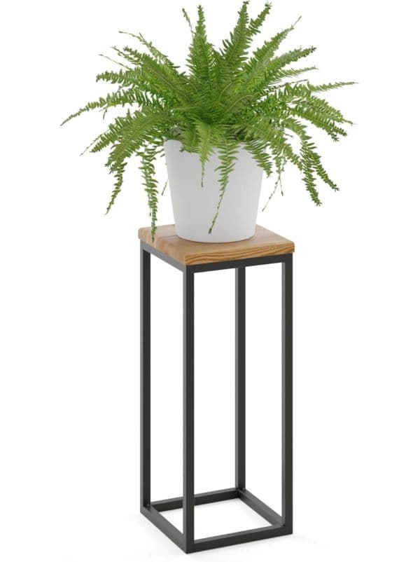 Blumenständer Metall Schwarz mit Holzplatte 50 cm