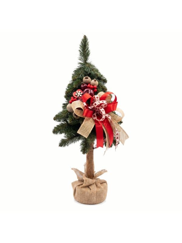 Kleiner k&uuml;nstlicher Weihnachtsbaum auf Kiefernstamm 65 cm, mit nat&uuml;rlichen Elementen, vor hellem Hintergrund. 