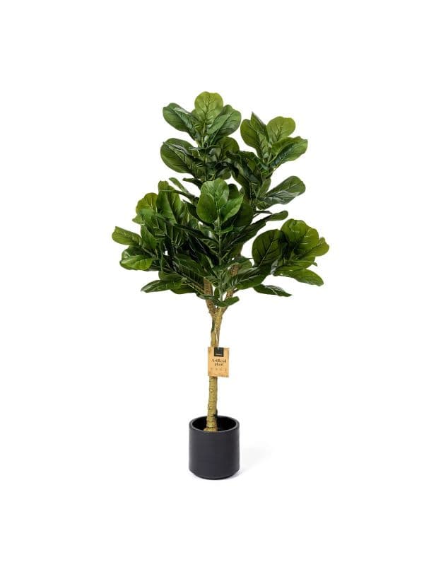 Künstliche Geigenfeige 130 cm FairyTrees mit großen, matten, grünen Blättern auf hellem Hintergrund. 