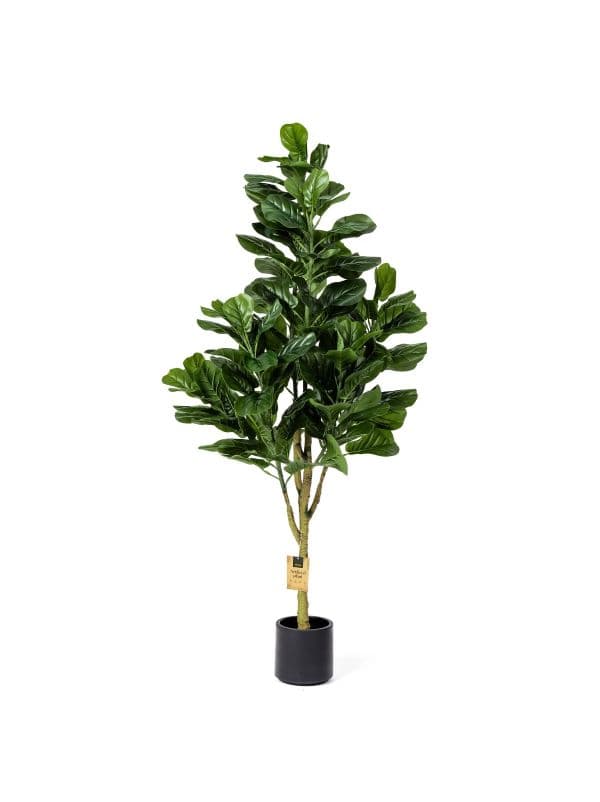 Künstliche Geigenfeige 160 cm FairyTrees mit markanter Silhouette und dunkelgrünen, geigenförmigen Blättern auf hellem Hintergrund. 