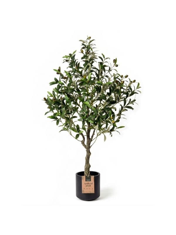 K&uuml;nstlicher Olivenbaum 120 cm FairyTrees mit zarten, gr&uuml;nen Bl&auml;ttern und Oliven auf hellem Hintergrund. 