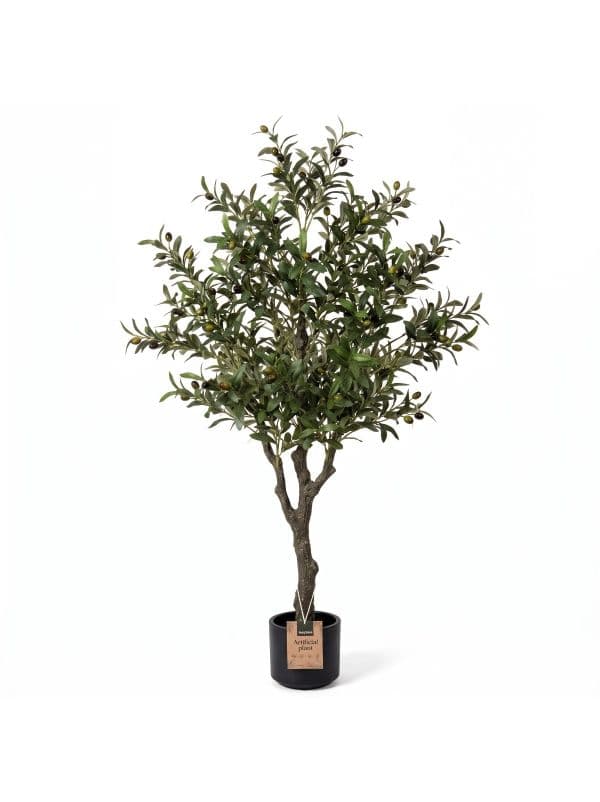 K&uuml;nstlicher Olivenbaum 150 cm von FairyTrees auf wei&szlig;em Hintergrund, mit zarten, gr&uuml;nen Bl&auml;ttern und Olivenfr&uuml;chten. 