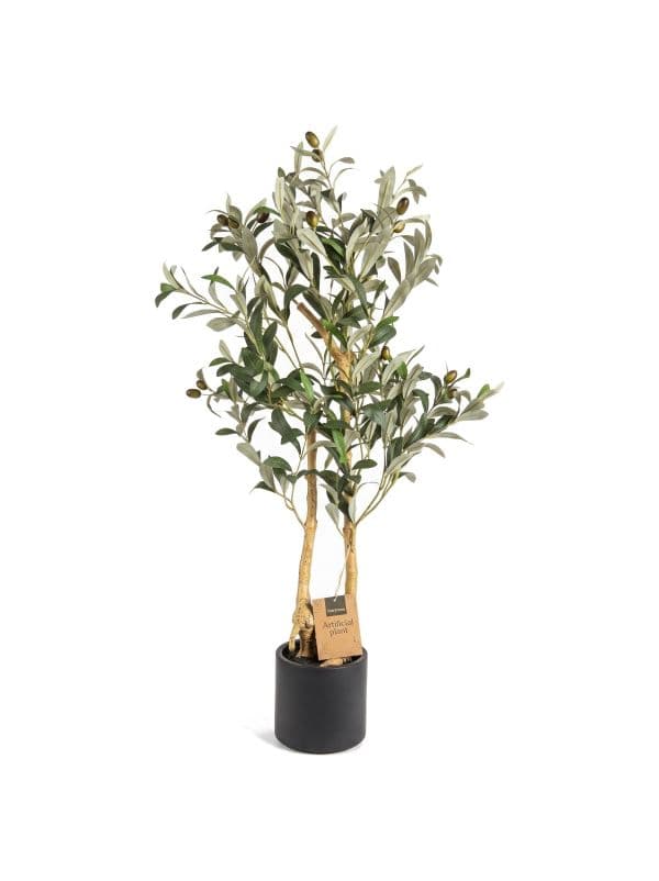 K&uuml;nstlicher Olivenbaum 90 cm FairyTrees mit zarten Zweigen, gr&uuml;nen Bl&auml;ttchen und Oliven auf hellem Hintergrund 