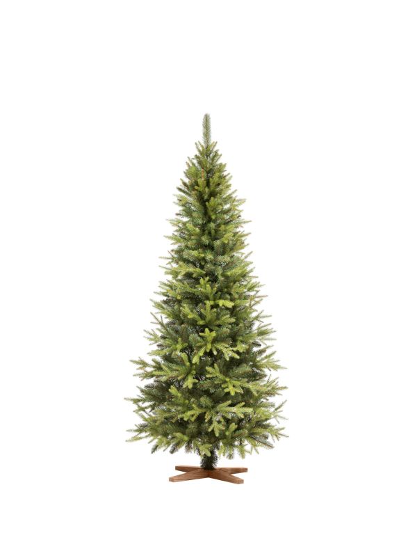 Schlanker künstlicher Weihnachtsbaum FairyTrees FT05-180 – 180 cm hohe Nordmanntanne mit spritzgegossenen PE-Zweigen und einem eleganten Holzständer.