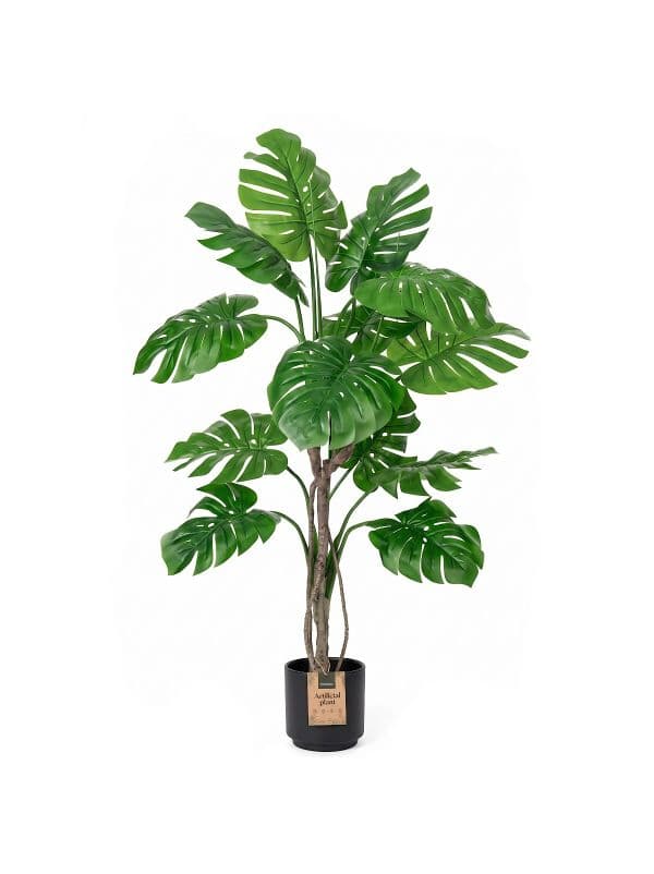 K&uuml;nstliche Monstera auf einem 160 cm hohen Stiel von FairyTrees vor wei&szlig;em Hintergrund, mit gro&szlig;en, gr&uuml;nen Bl&auml;ttern und charakteristischen Einschnitten.