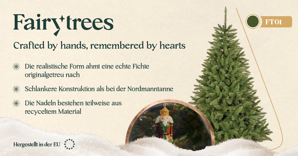 Grafik mit den wichtigsten Merkmalen des k&uuml;nstlichen Weihnachtsbaums FairyTrees FT01, naturgetreue Fichte, mit einem Foto des gesamten Baums und dem Hinweis auf Zweige aus recyceltem PVC.