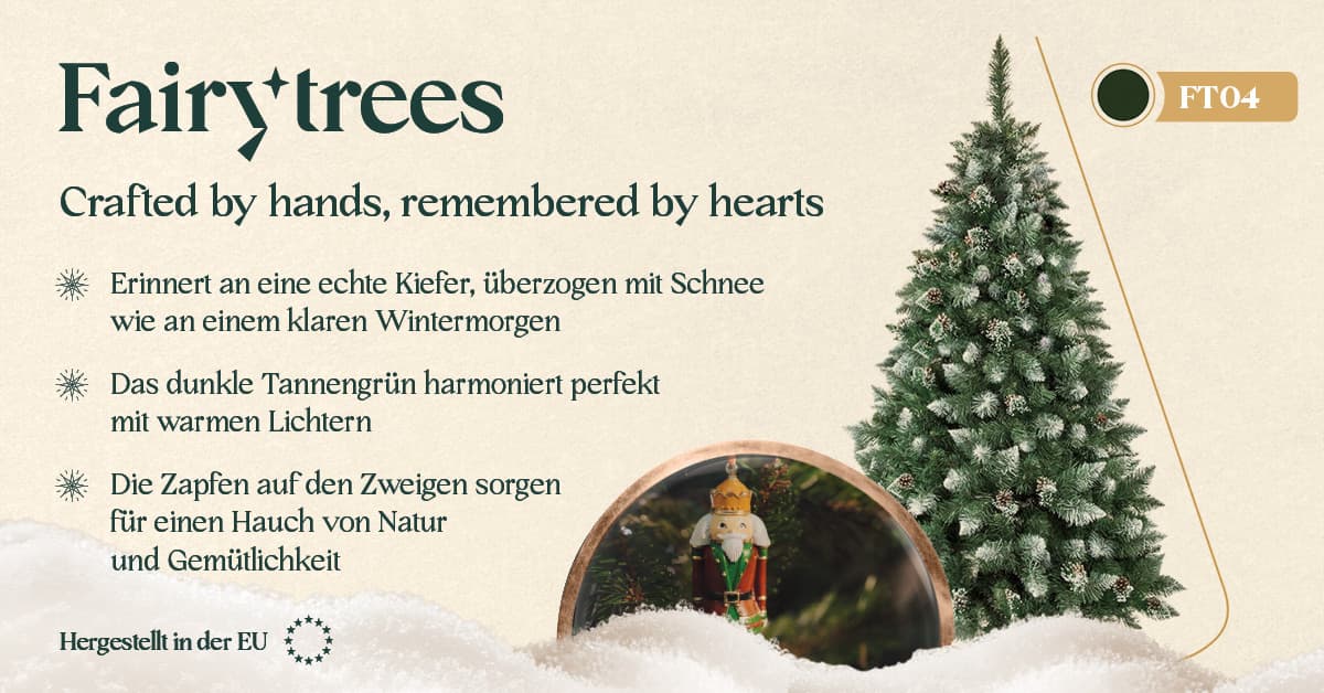 Grafik mit den wichtigsten Merkmalen des k&uuml;nstlichen Weihnachtsbaums FairyTrees FT04 verschneite Kiefer, mit einem Foto des gesamten Baums und deutlich sichtigem Schneeeffekt auf den Nadeln.