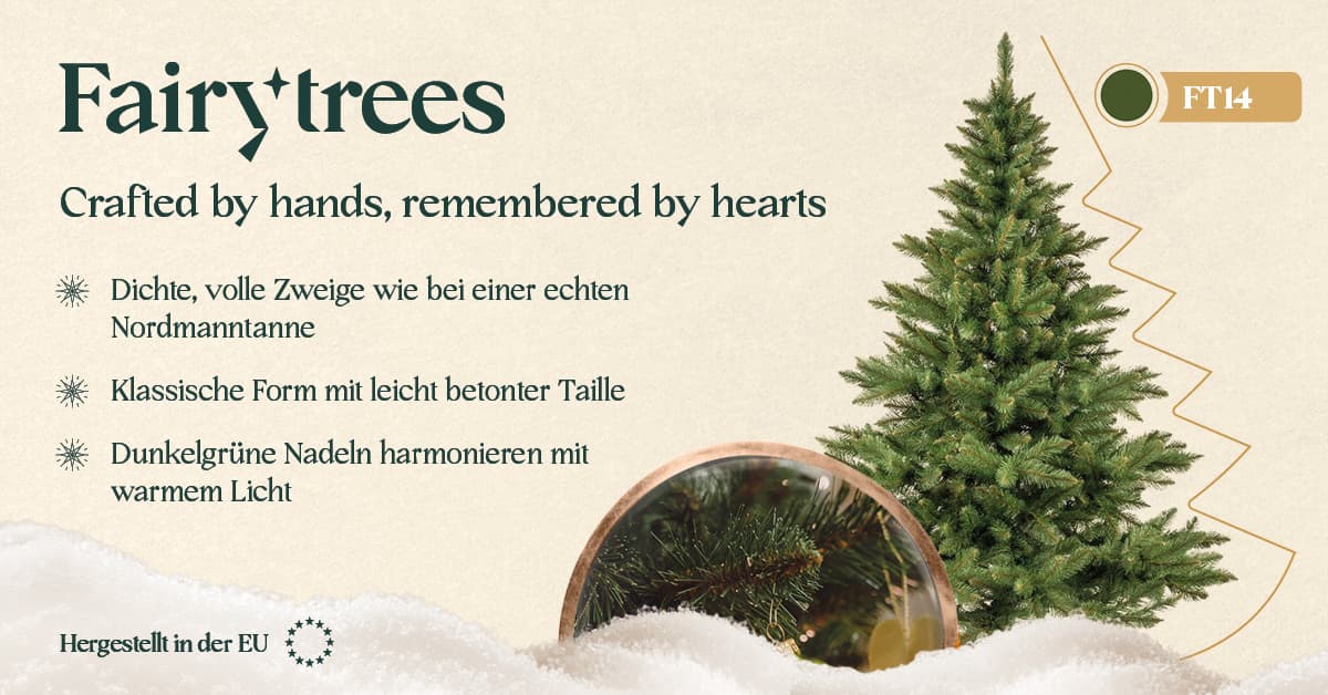 Grafik mit den wichtigsten Merkmalen des k&uuml;nstlichen Weihnachtsbaums FairyTrees FT14 Kaukasus-Tanne, mit einem grossen Bild des Baums und hervorgehobenen Vorteilen in Textfeldern.