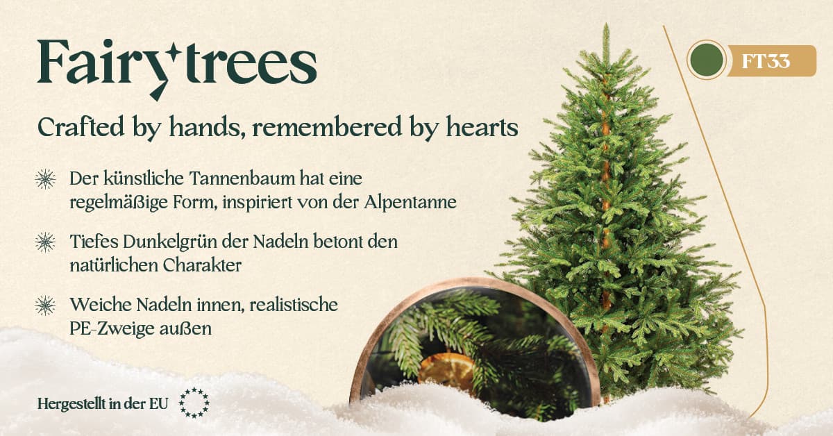 Grafik mit den wichtigsten Merkmalen des k&uuml;nstlichen Weihnachtsbaums FairyTrees FT33 Alpentanne, mit einem grossen Bild des Baums und den wichtigsten Vorteilen in Stichpunkten.