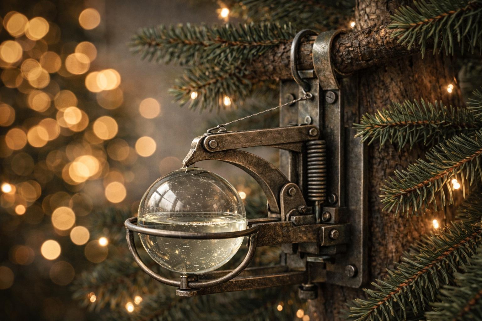 Visualisierung des Patents von George G. Pappas &ndash; eine am Stamm des Weihnachtsbaums befestigte Feuerl&ouml;schkugel, umgeben von Fichtennadeln.