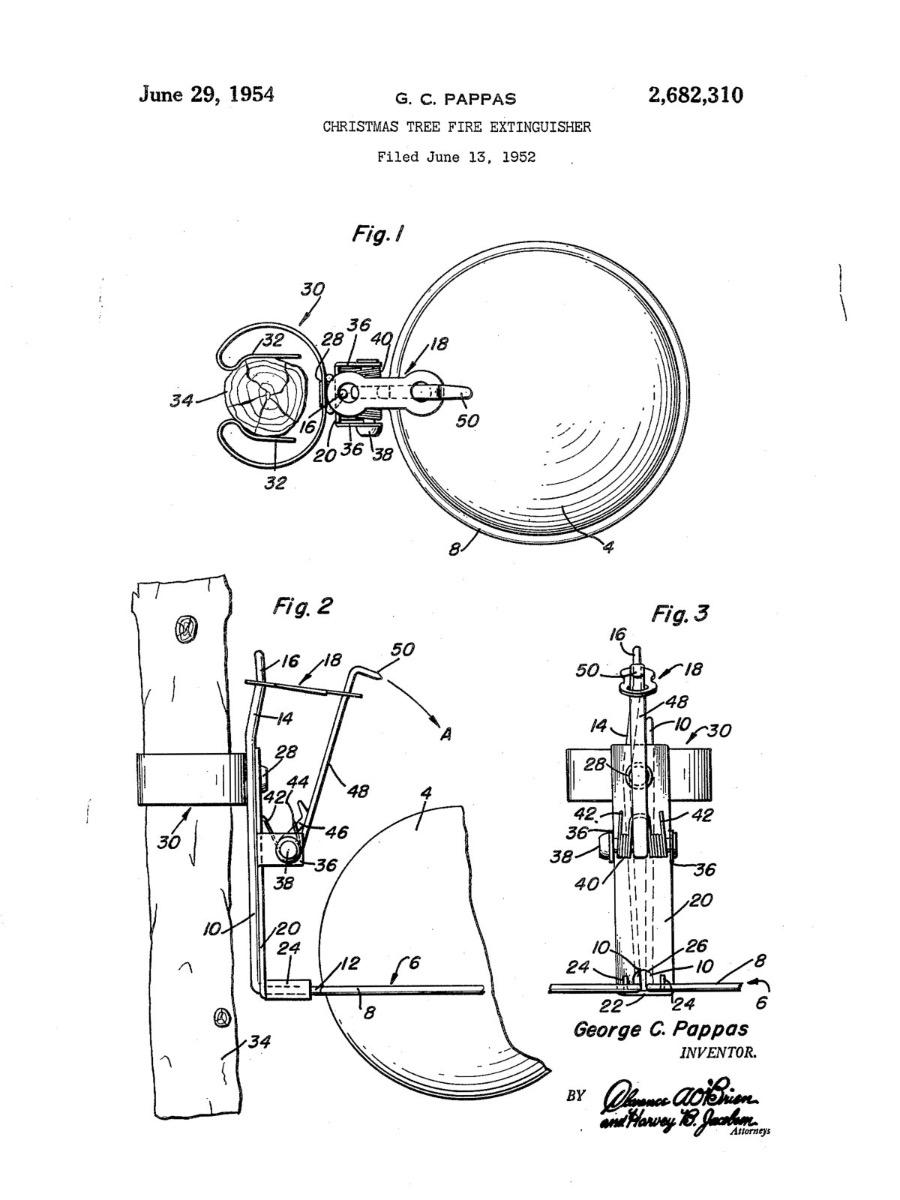 Patentzeichnung von George G. Pappas aus dem Jahr 1954 &ndash; Konstruktion einer Feuerl&ouml;schkugel f&uuml;r den Weihnachtsbaum, die den Befestigungsmechanismus am Stamm sowie technische Querschnitte des Ger&auml;ts zeigt.