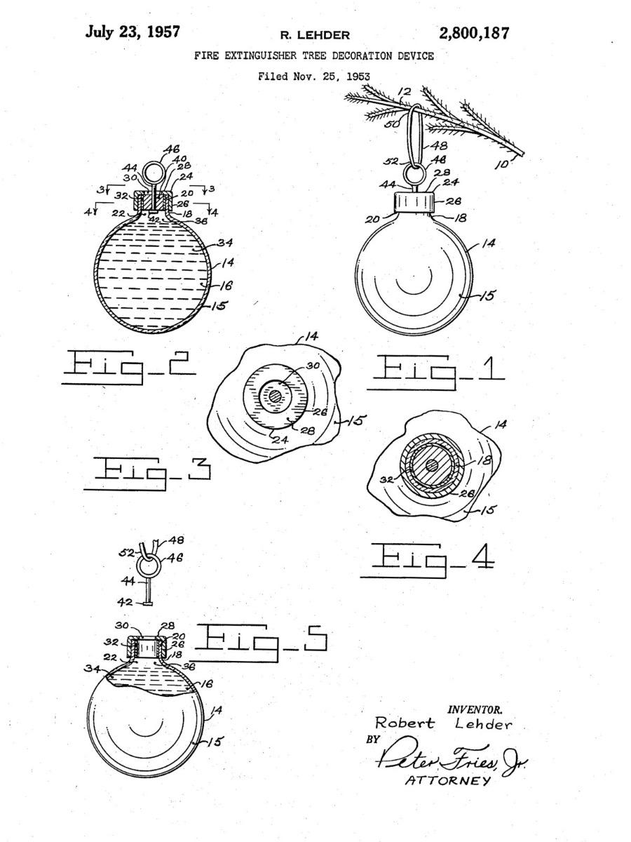 Patentzeichnung von Robert Leder aus dem Jahr 1957 &ndash; Konstruktion einer Feuerl&ouml;schkugel in Form einer Weihnachtsbaumkugel, die einen Fl&uuml;ssigkeitsbeh&auml;lter sowie ein Aufh&auml;ngungssystem am Ast zeigt.
