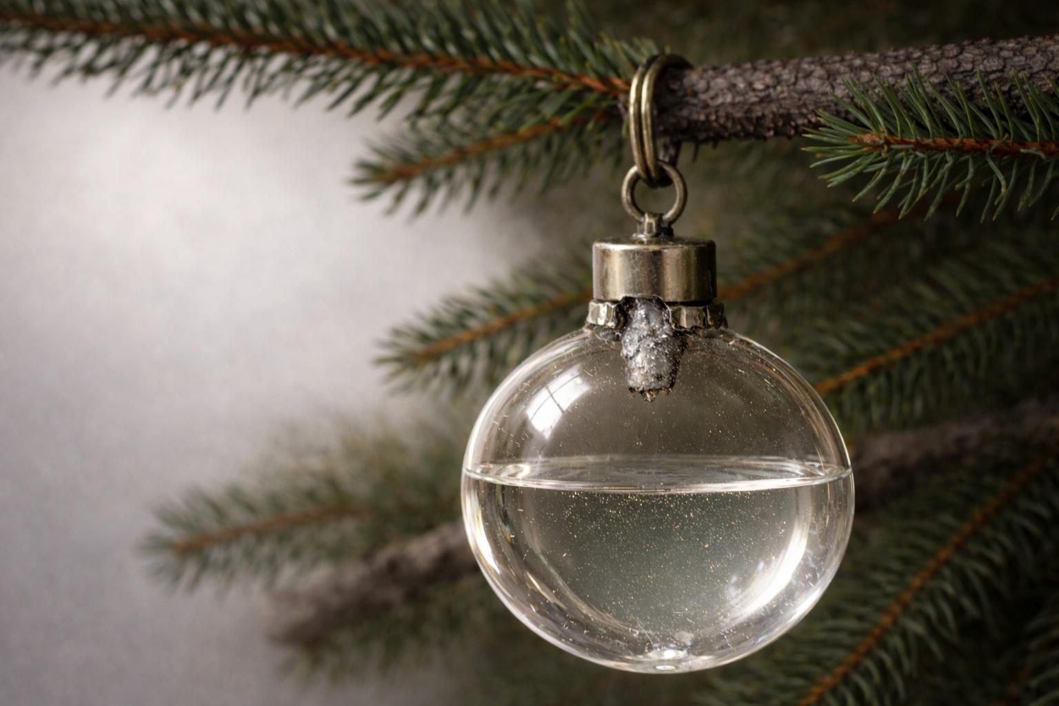 Visualisierung des Patents von Robert Lehders &ndash; eine mit L&ouml;schfl&uuml;ssigkeit gef&uuml;llte gl&auml;serne Weihnachtskugel, die an einem Fichtenzweig aufgeh&auml;ngt ist und &uuml;ber einen Metallhalter verf&uuml;gt.