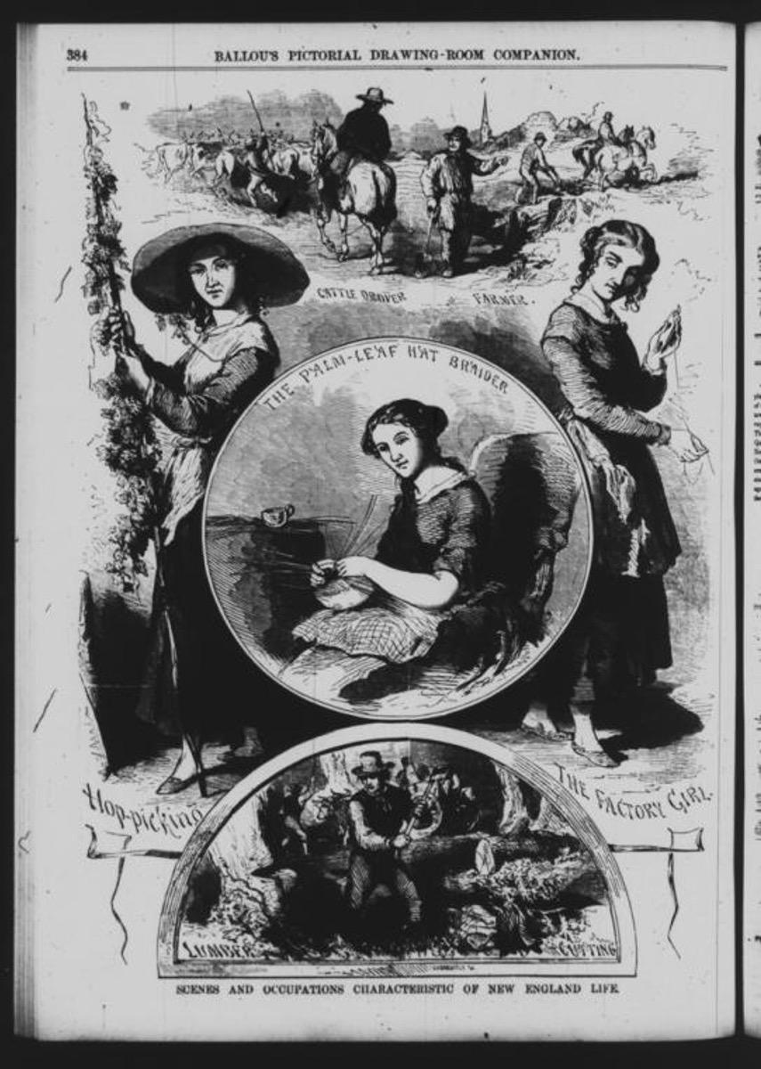 Illustration mit Szenen und Berufen aus dem Alltag Neuenglands, die Arbeit und das t&auml;gliche Leben puritanischer Gemeinschaften zeigen.