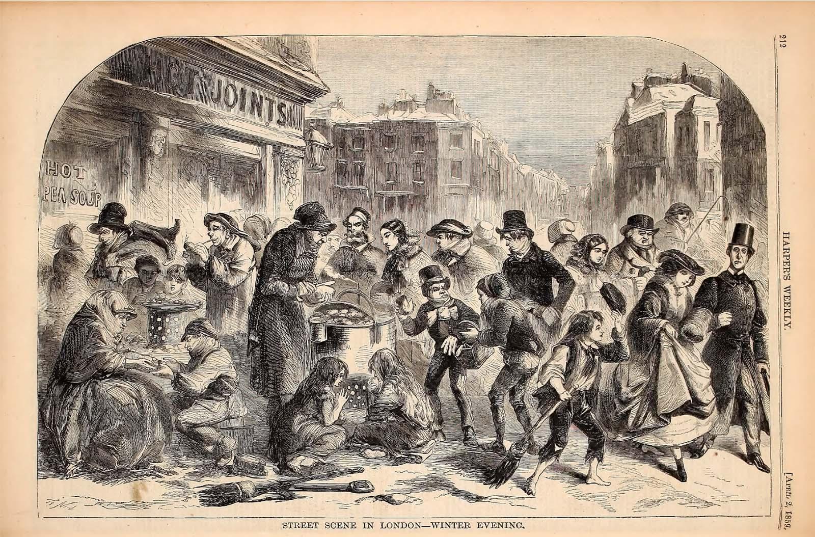 Zimowa scena uliczna w Londynie ukazująca codzienne życie mieszkańc&oacute;w w chłodny wiecz&oacute;r, bez świątecznego nastroju i dekoracji.