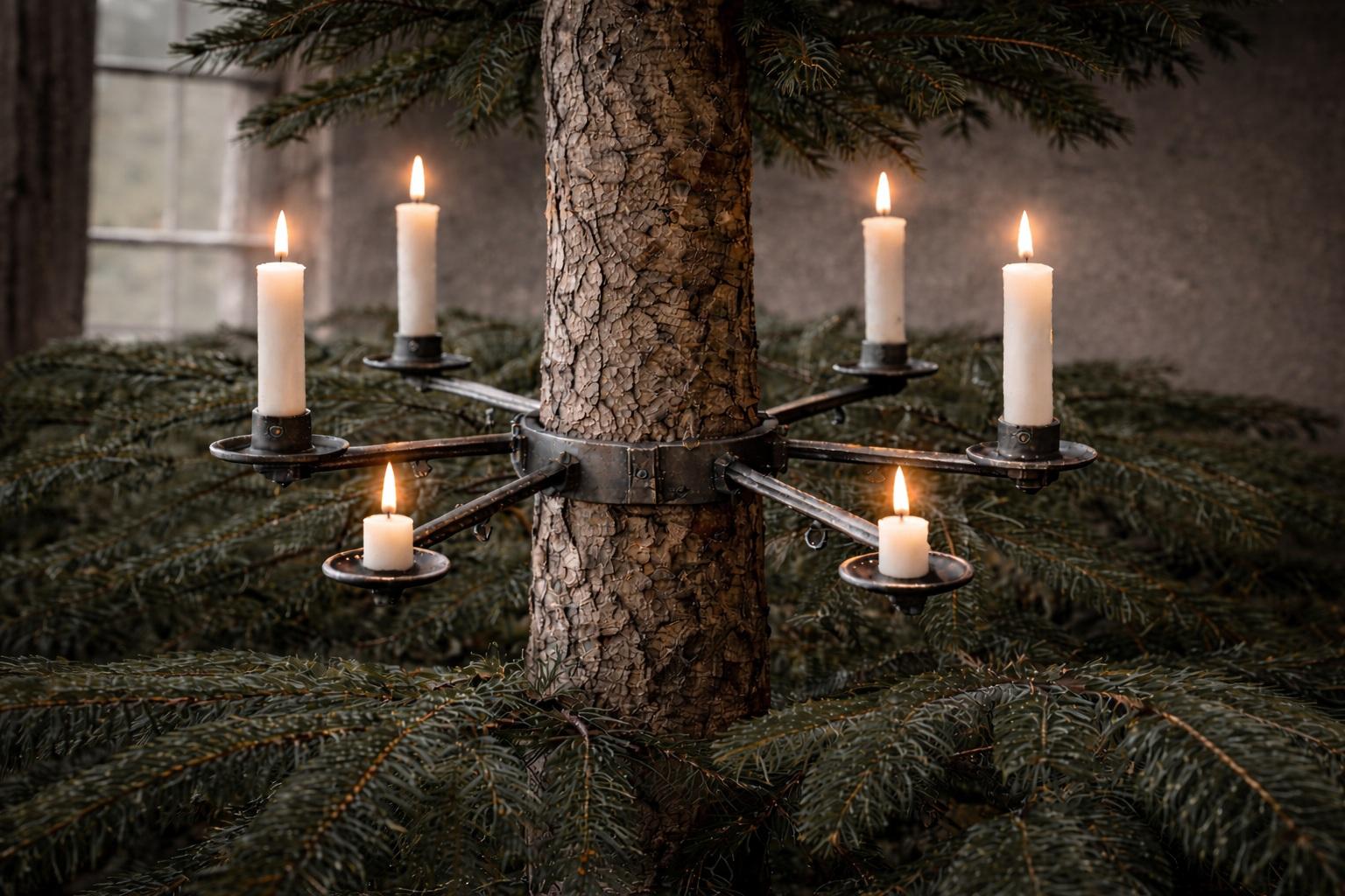 Visualisierung des Patents von Hermann Gehnrich &ndash; ein Metallkerzenhalter, der um den Stamm des Weihnachtsbaums befestigt ist, mit mehreren brennenden Kerzen, die strahlenf&ouml;rmig angeordnet sind.
