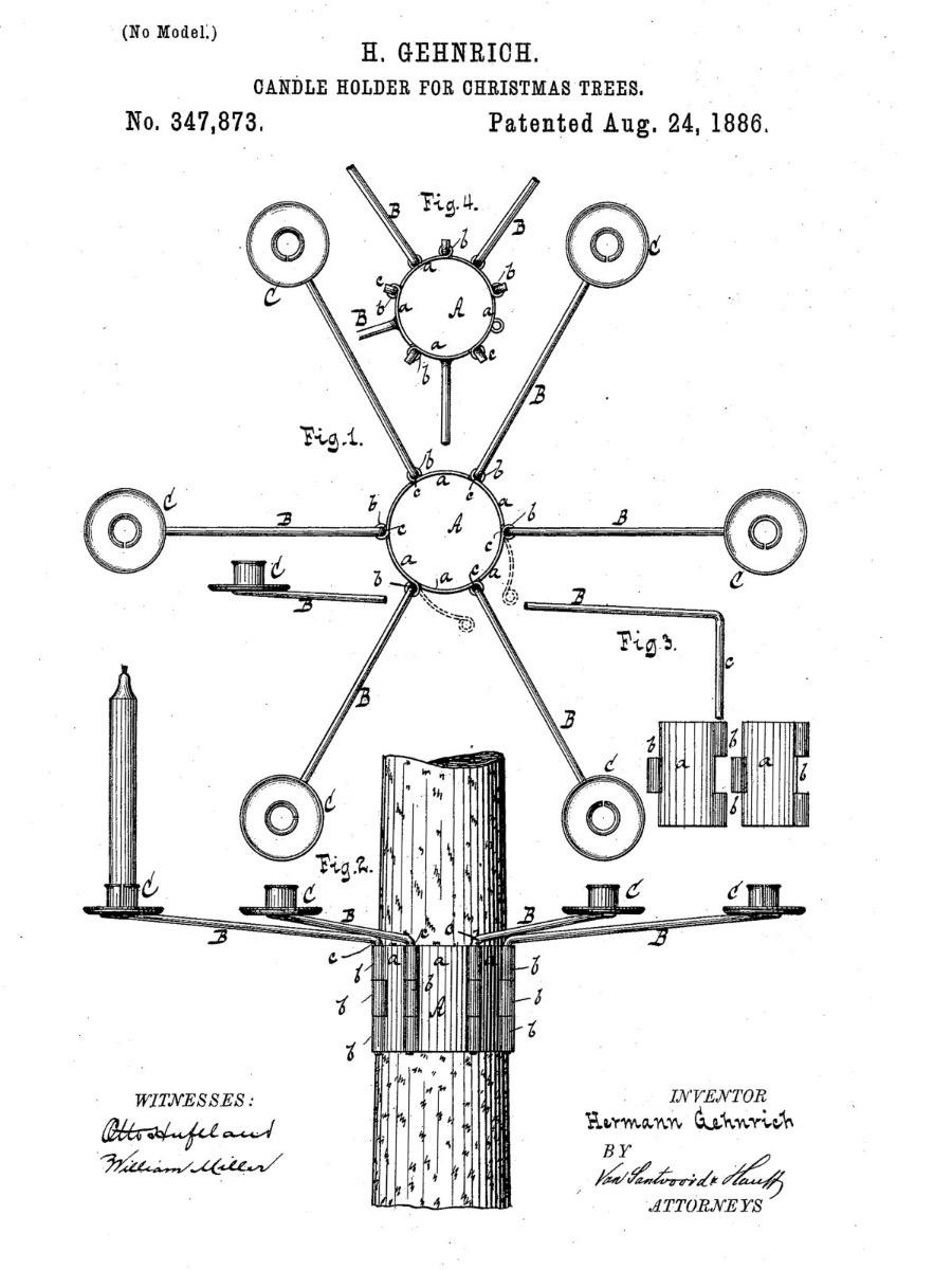 Patentzeichnung von Hermann Gehnrich aus dem Jahr 1886 &ndash; Konstruktion eines Kerzenhalters f&uuml;r den Christbaum mit einem Befestigungsmechanismus am Stamm und einer Anordnung der Kerzenarme rund um den Baum.