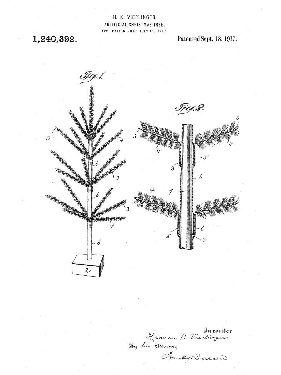 Patentzeichnung von Herman K. Vierlinger aus dem Jahr 1917 &ndash; Konstruktion eines k&uuml;nstlichen Weihnachtsbaums mit Metallstamm, radial angeordneten Zweigen sowie einer Detailansicht der Zweigbefestigung.