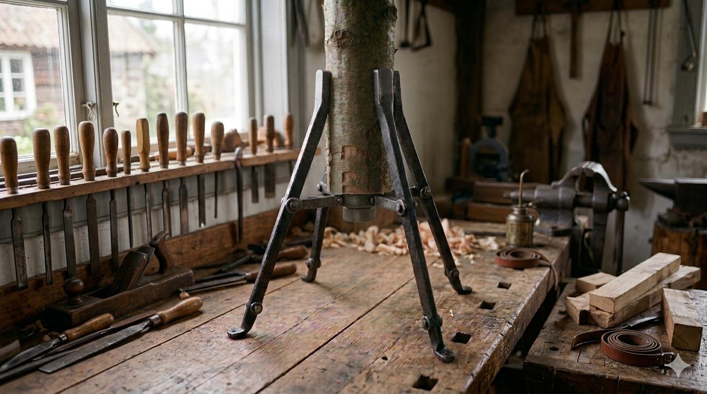 Visualisierung des Patents von James Warner &ndash; ein metallener Christbaumst&auml;nder, der in einer Tischlerei an einem Holzstamm befestigt ist.