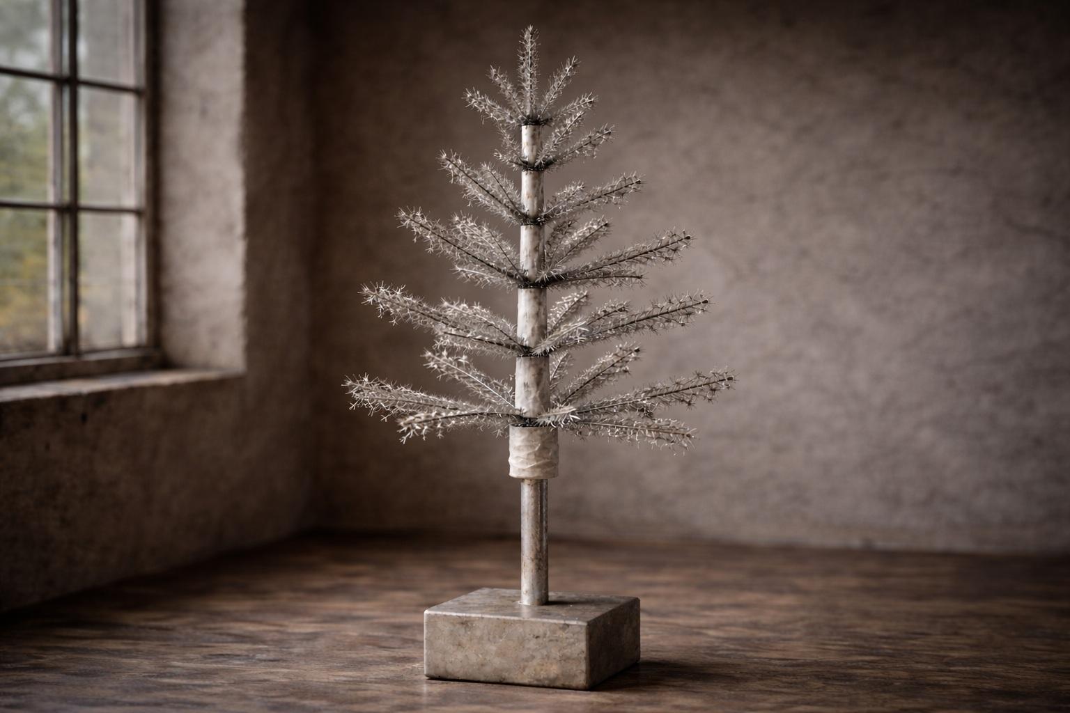 Visualisierung des Patents von Herman K. Vierlinger &ndash; ein silberner k&uuml;nstlicher Weihnachtsbaum mit minimalistischer Konstruktion und d&uuml;nnen Zweigen.