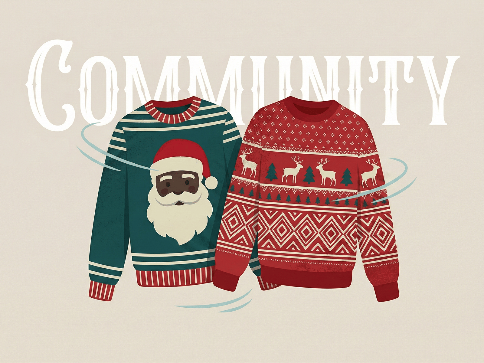 Illustration von zwei Weihnachtspullovern aus der Serie &bdquo;Community&ldquo;: ein gr&uuml;ner Pullover mit Weihnachtsmann sowie ein roter Pullover mit Mustern, Rentieren und Tannenb&auml;umen.