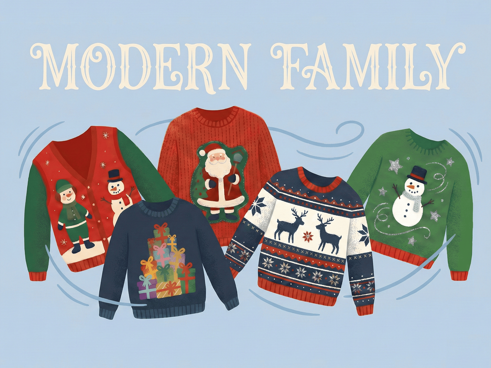 Illustration eines Sets aus f&uuml;nf Weihnachtspullovern aus der Serie &bdquo;Modern Family&ldquo;: zwei Schneem&auml;nner, der Weihnachtsmann, Geschenke, Rentiere sowie ein Schneemann auf einem gr&uuml;nen Pullover.