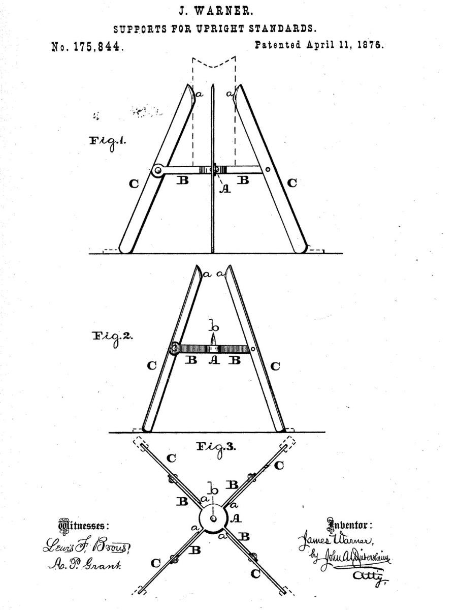 Patentzeichnung von James Warner &ndash; Konstruktion eines Christbaumst&auml;nders aus dem Jahr 1876 mit klappbaren St&uuml;tzen zur Stabilisierung des vertikalen Stammes.