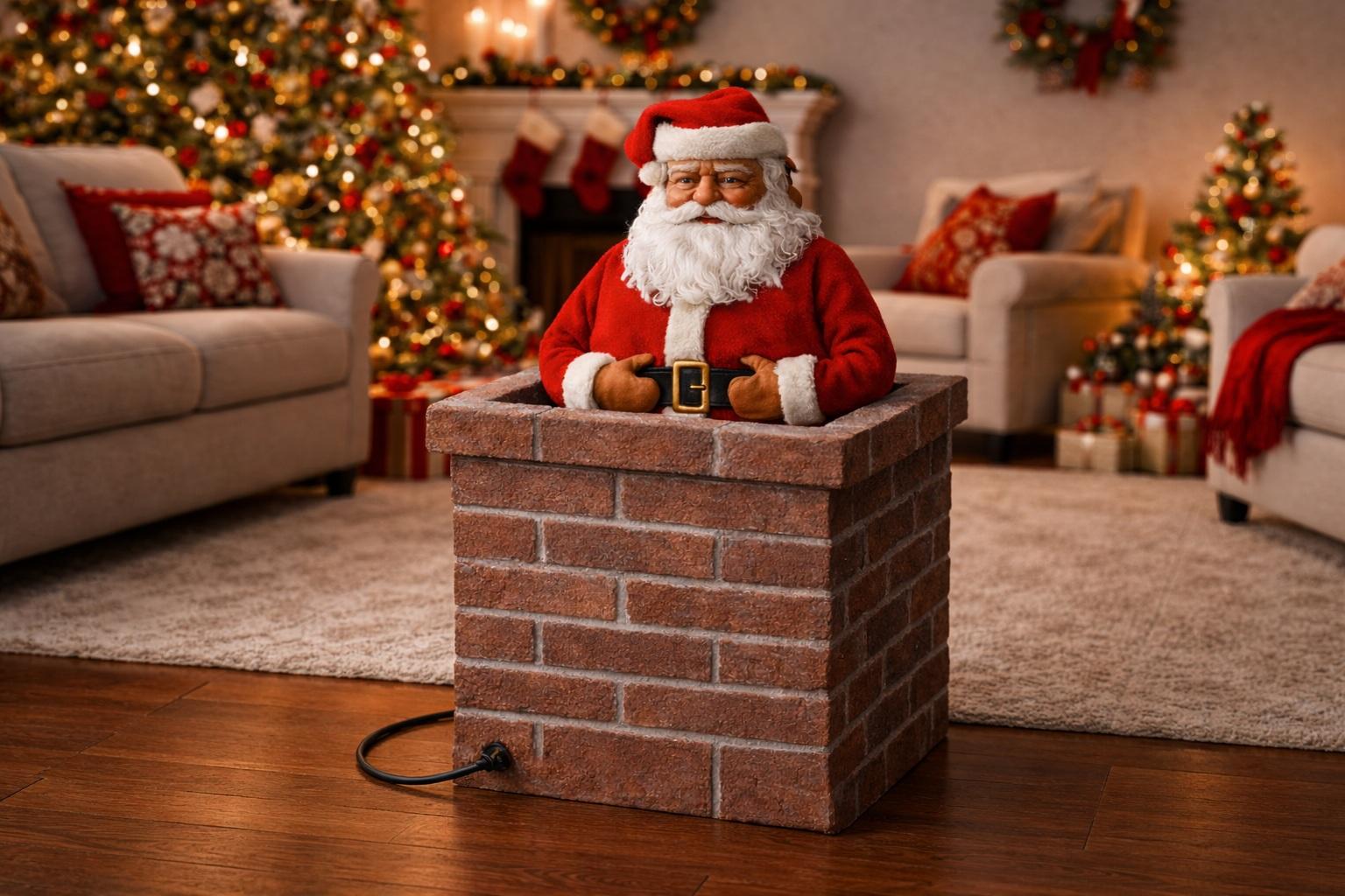 Visualisierung des Patents von Arnold Rubens &ndash; eine dekorative Weihnachtsmannfigur, die aus einem gemauerten Kamin herausragt, aufgestellt im Wohnzimmer neben einem geschm&uuml;ckten Weihnachtsbaum und weihnachtlichem Dekor.