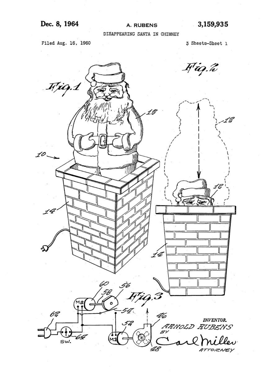 Patentzeichnung von Arnold Rubens aus dem Jahr 1964 &ndash; Konstruktion eines Ger&auml;ts mit einem sich im Schornstein versteckenden Weihnachtsmann, die eine aus einem gemauerten Kamin herausfahrende Weihnachtsmannfigur sowie einen Schaltplan des elektrischen Mechanismus zeigt.
