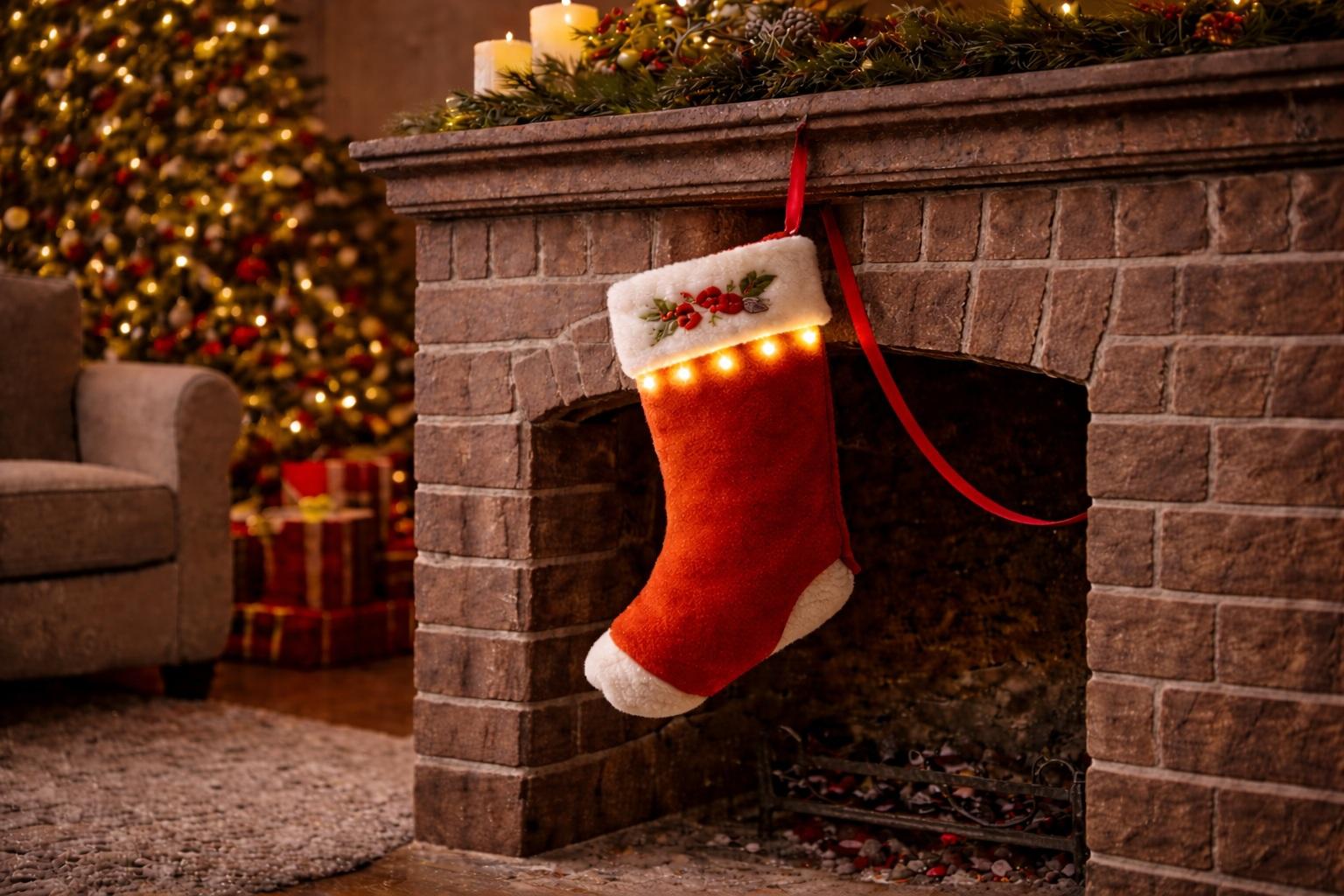Visualisierung des Patents von Thomas Cane &ndash; ein roter Weihnachtsstrumpf, der an einem gemauerten Kamin h&auml;ngt, mit Lichtern geschm&uuml;ckt ist, mit einem geschm&uuml;ckten Weihnachtsbaum und Geschenken im Hintergrund des Wohnzimmers.