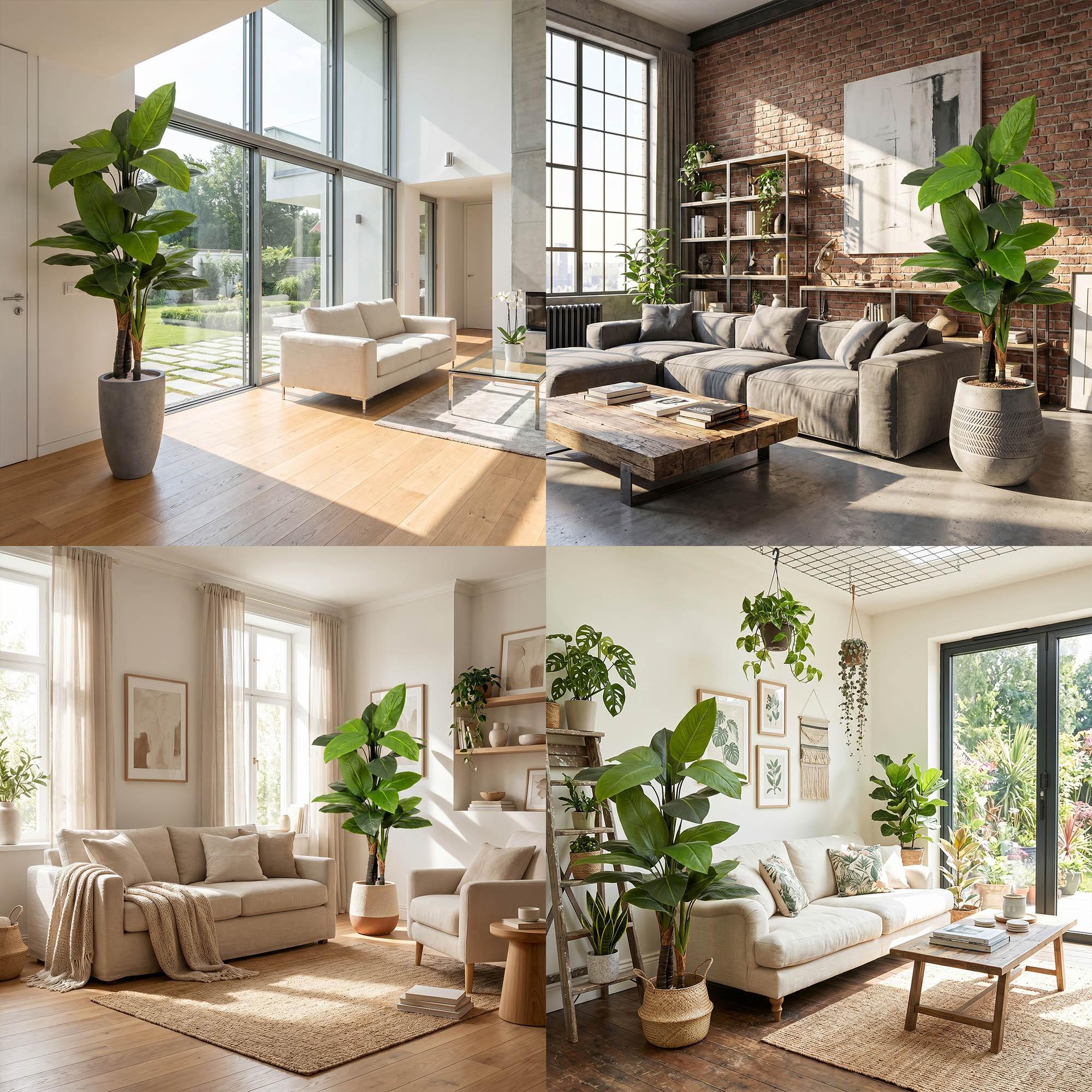 K&uuml;nstliche Monstera auf einem 160 cm hohen Stiel von FairyTrees als Innendekoration in verschiedenen Arrangements, passend zu modernen R&auml;umen.