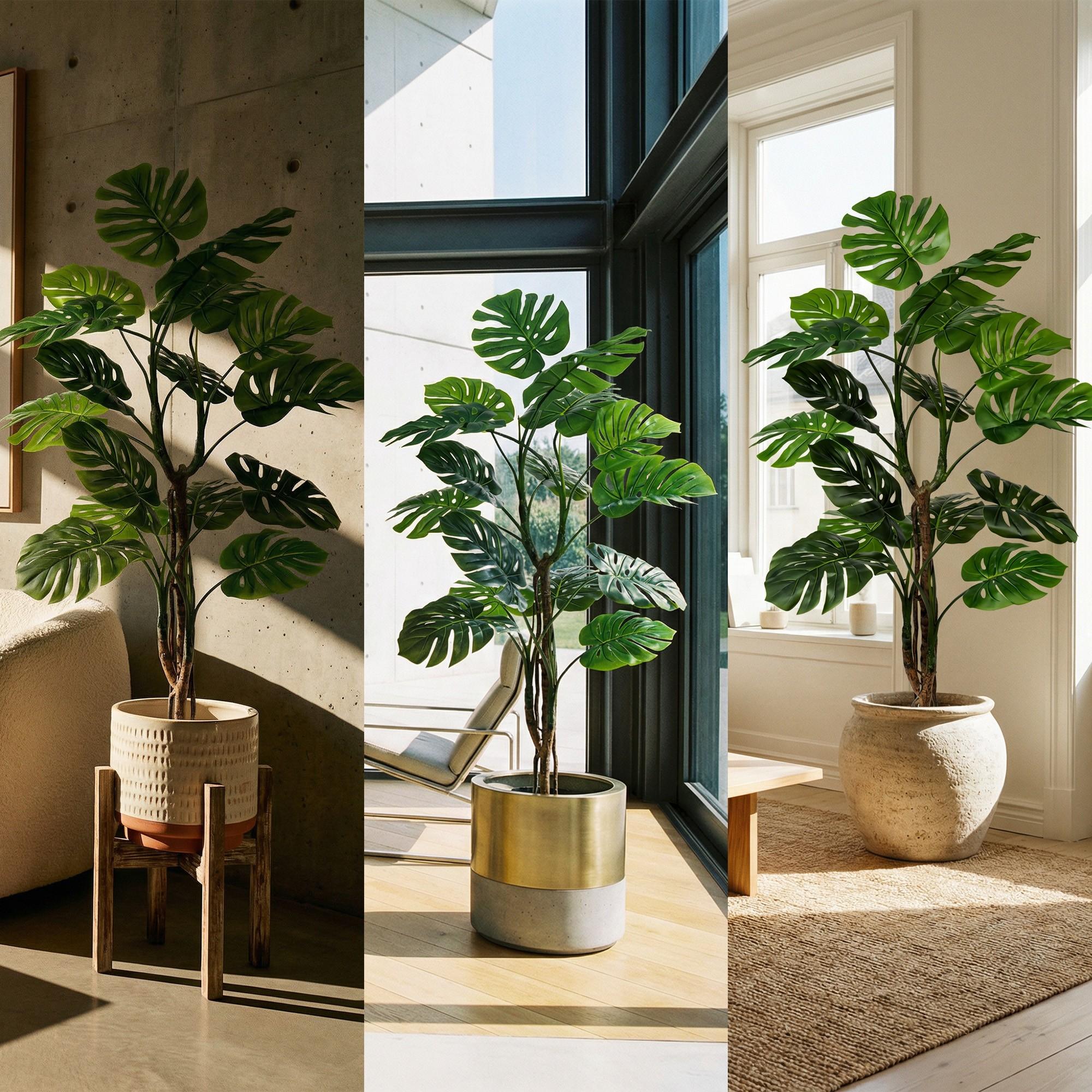 K&uuml;nstliche Monstera auf einem 160 cm hohen Stiel von FairyTrees als Innendekoration in verschiedenen Arrangements, passend zu modernen R&auml;umen.