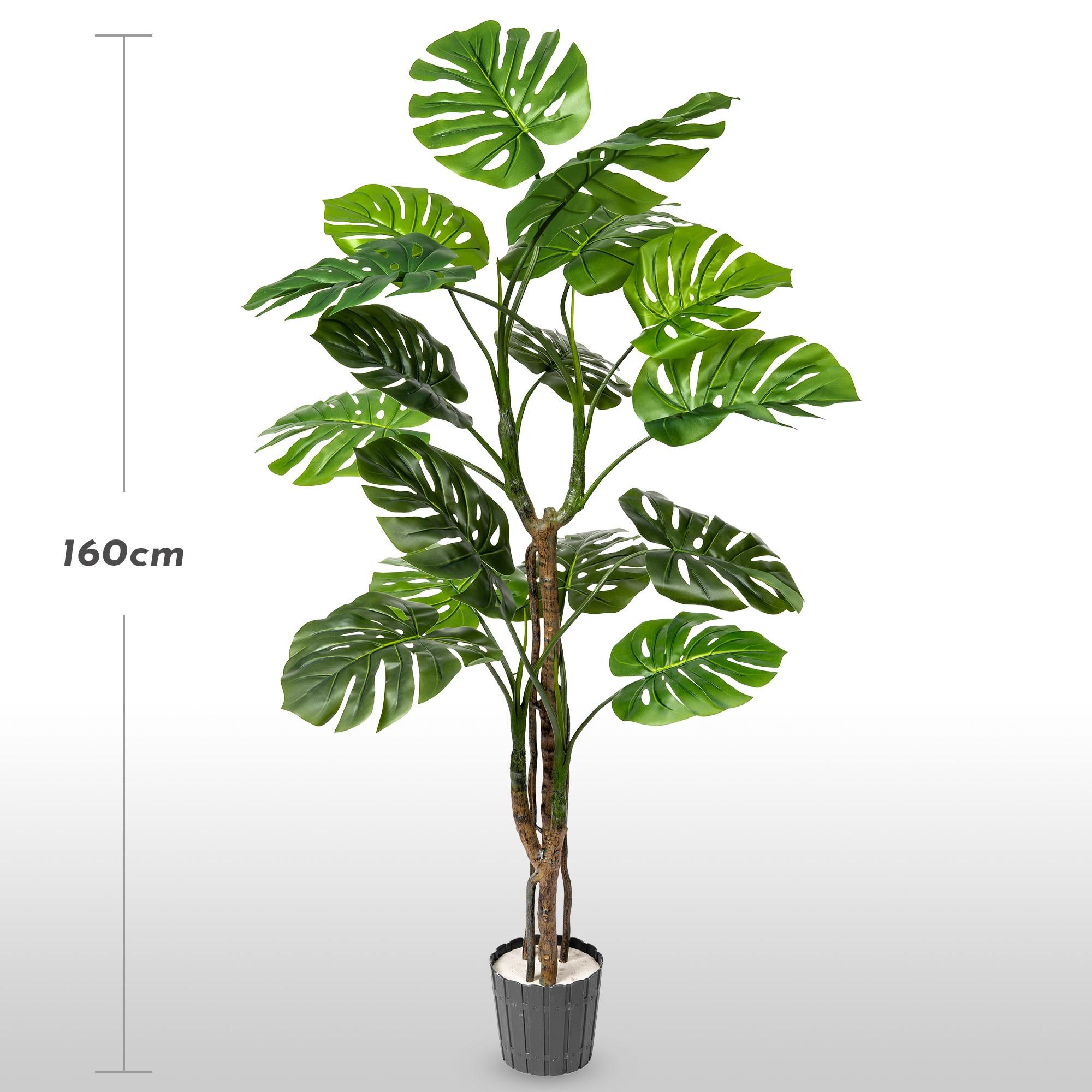 K&uuml;nstliche Monstera auf einem 160 cm hohen Stiel von FairyTrees vor hellem Hintergrund mit Angabe der Pflanzenh&ouml;he.