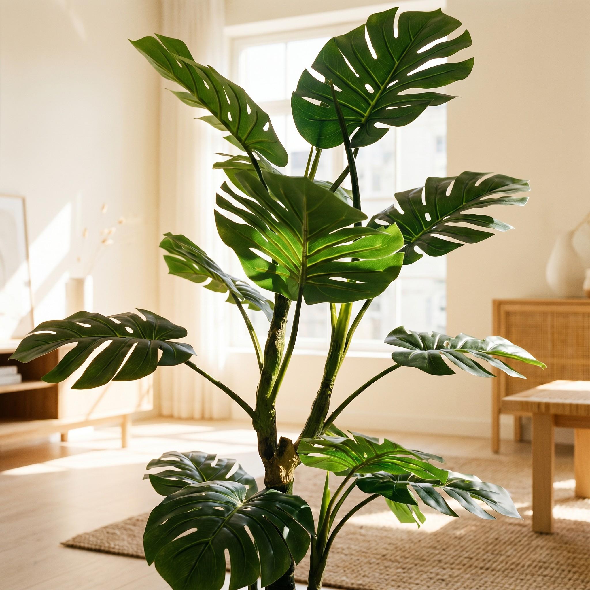 K&uuml;nstliche Monstera auf einem 160 cm hohen Stiel von FairyTrees, platziert in einem gem&uuml;tlichen Wohnzimmer in einer nat&uuml;rlichen Inneneinrichtung.