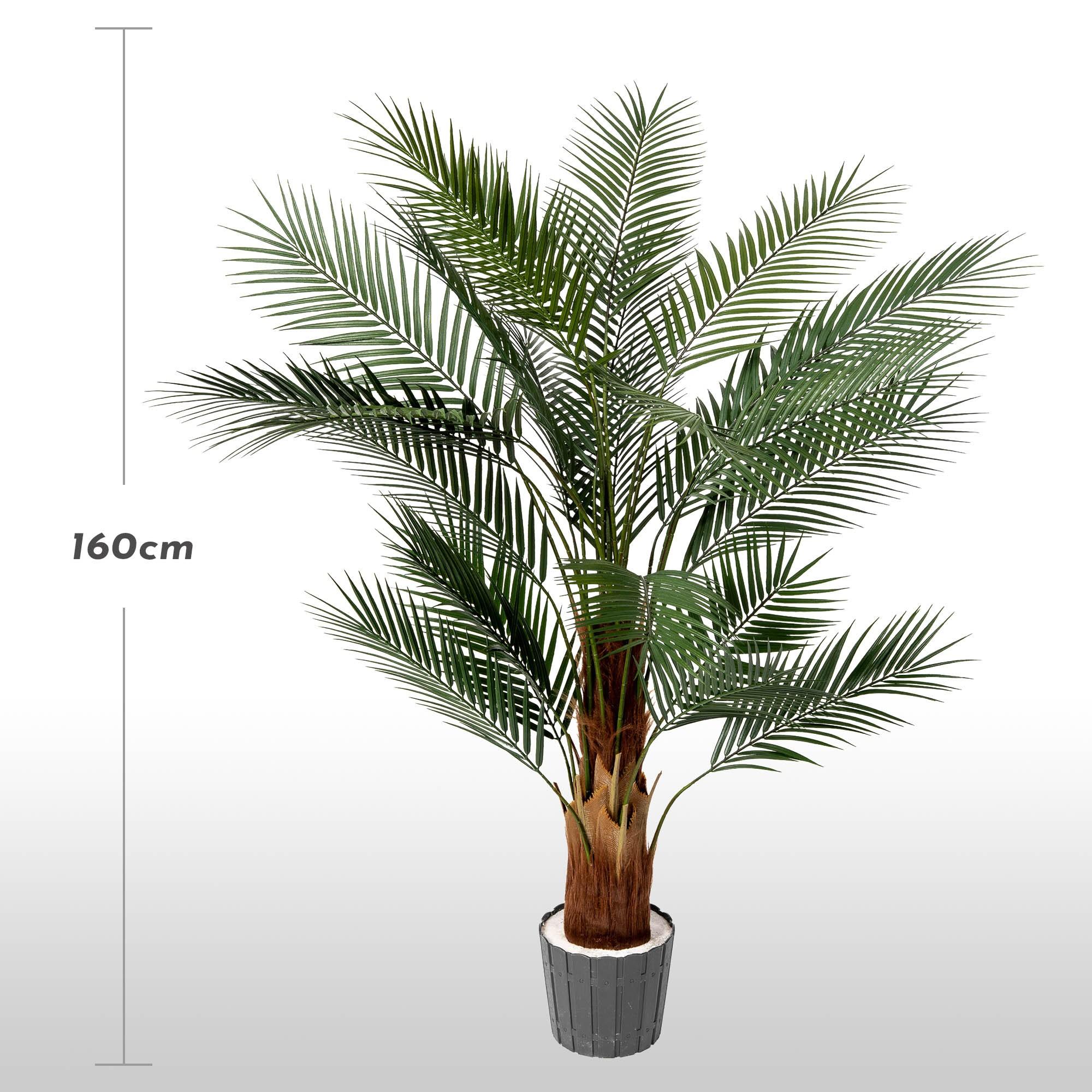 K&uuml;nstliche Monstera auf einem 160 cm hohen Stiel von FairyTrees vor hellem Hintergrund mit Angabe der Pflanzenh&ouml;he.