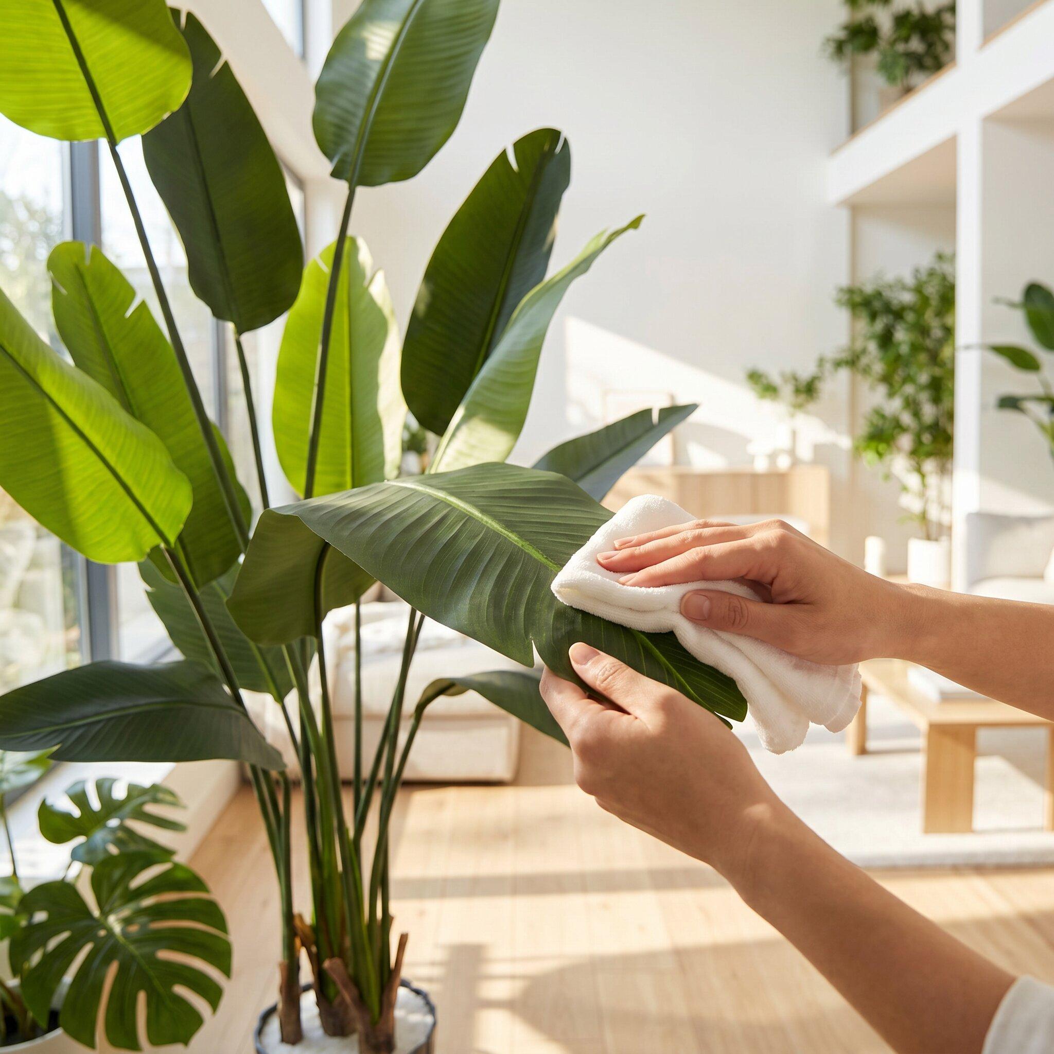 Die Reinigung der Bl&auml;tter der k&uuml;nstlichen Strelitzia 165 cm von FairyTrees zeigt, wie einfach die Pflege ist und wie leicht sich die Pflanze sauber halten l&auml;sst.